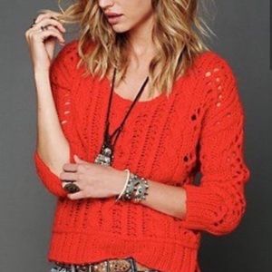 Free People Mohair Blend Wildfire Red Fluff Cable Knit Pullover Sweater Sz XS